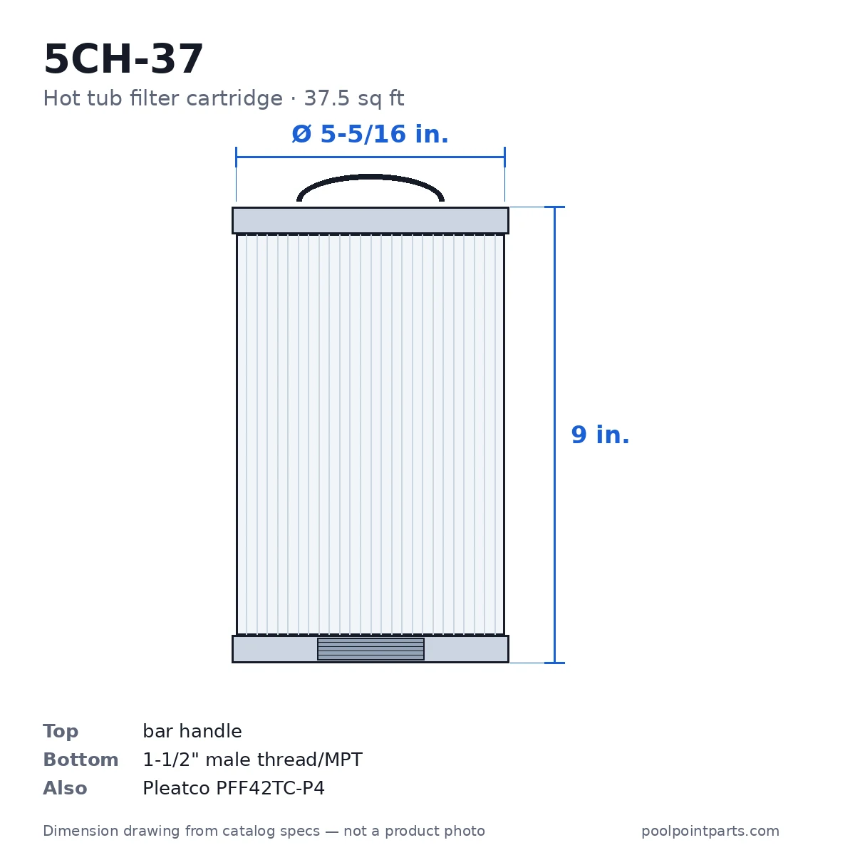 Hot Tub Filter Cartridge, 37.5 Sq Ft, 5-5/16 x 9 In., Replacement for Unicel 5CH-37, Pleatco PFF42TC-P4