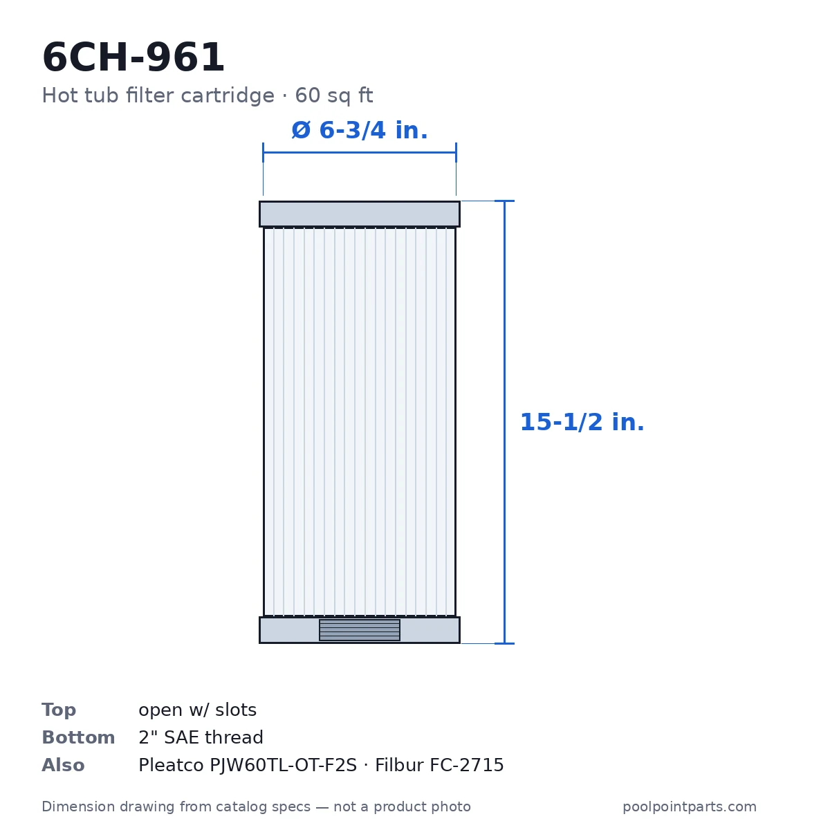 Hot Tub Filter Cartridge, 60 Sq Ft, 6-3/4 x 15-1/2 In., Replacement for Unicel 6CH-961, Pleatco PJW60TL-OT-F2S, Filbur FC-2715