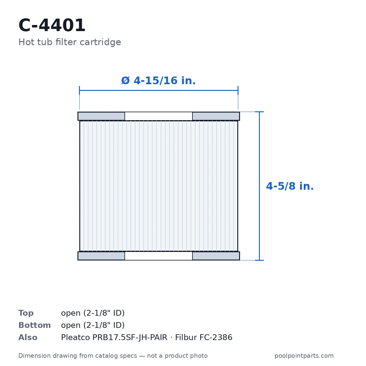Hot Tub Filter Cartridge, 4-15/16 x 4-5/8 In., Replacement for Unicel C-4401, Pleatco PRB17.5SF-JH-PAIR, Filbur FC-2386