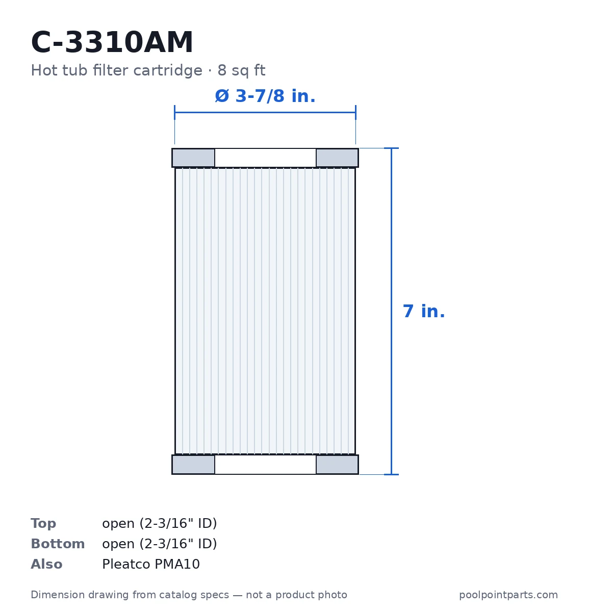 Hot Tub Filter Cartridge, 8 Sq Ft, 3-7/8 x 7 In., Replacement for Unicel C-3310AM, Pleatco PMA10